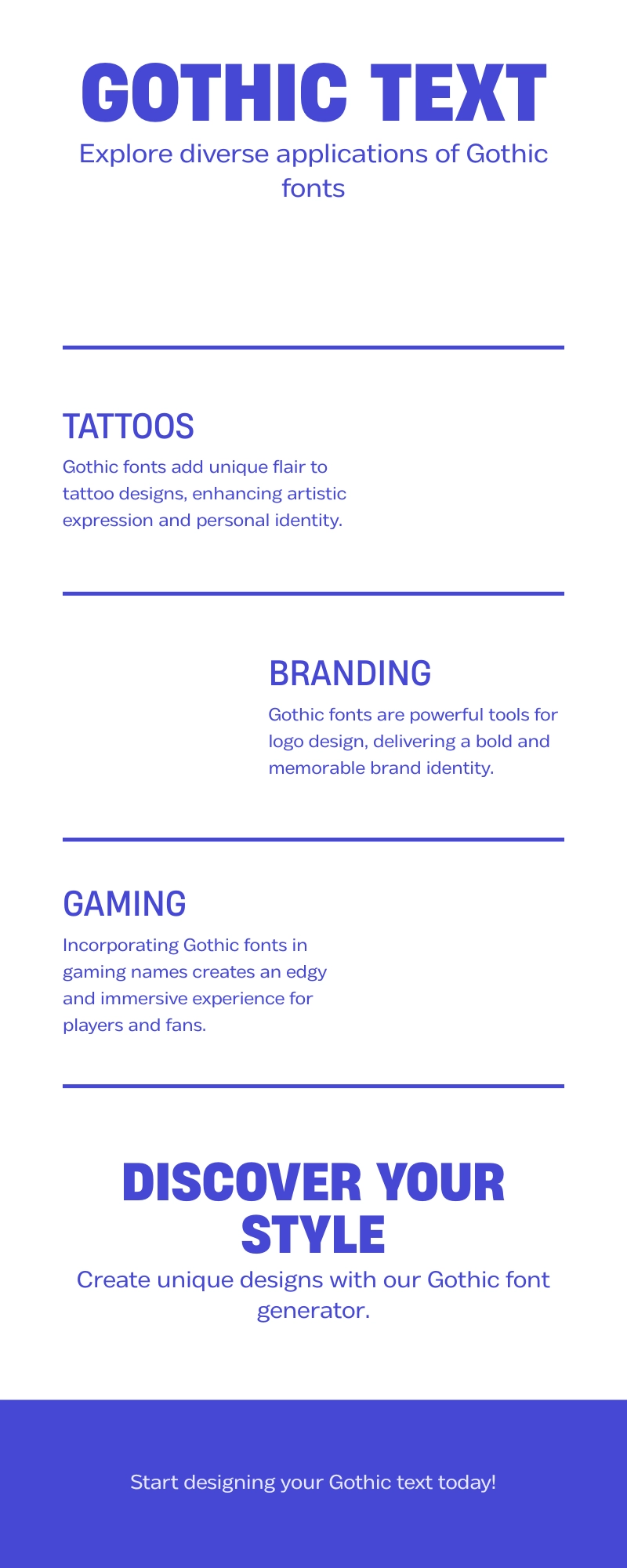 Gothic text use cases shown through tattoo, branding, and gaming examples