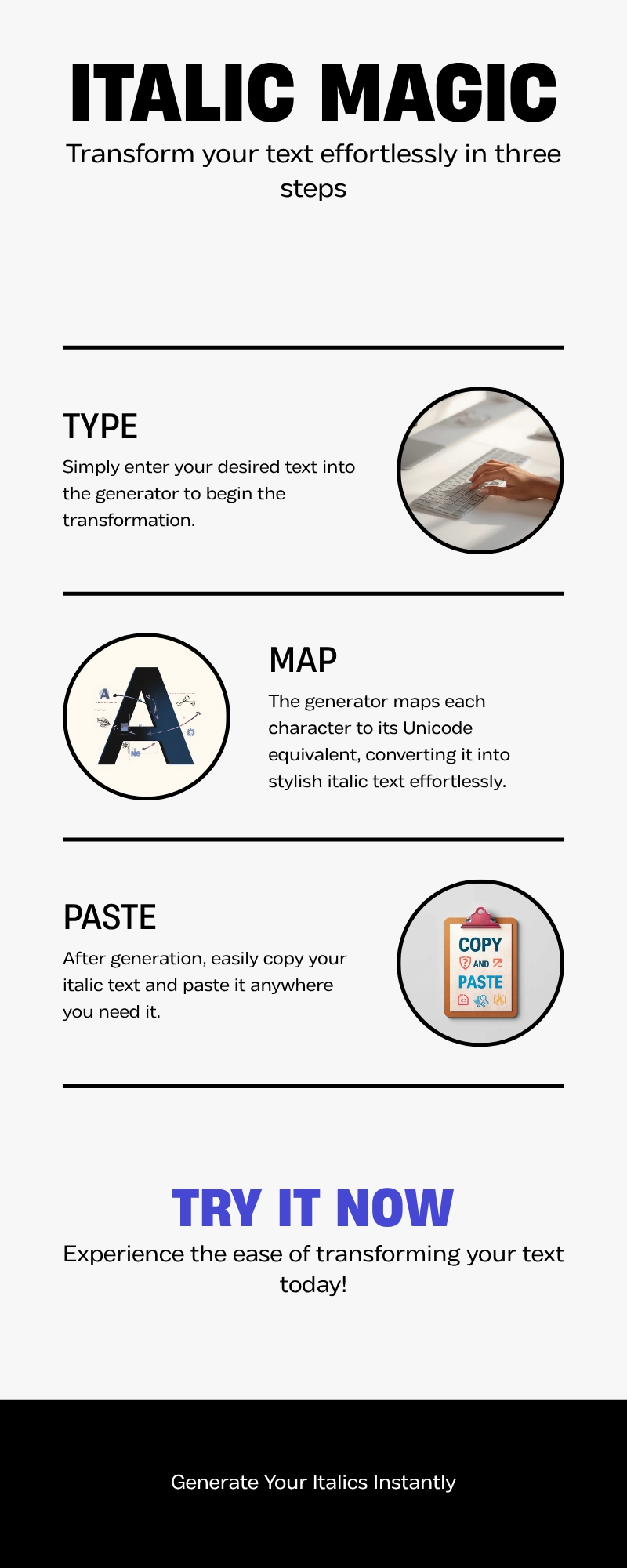 3-step infographic showing how the italic text generator maps regular letters to italic Unicode characters